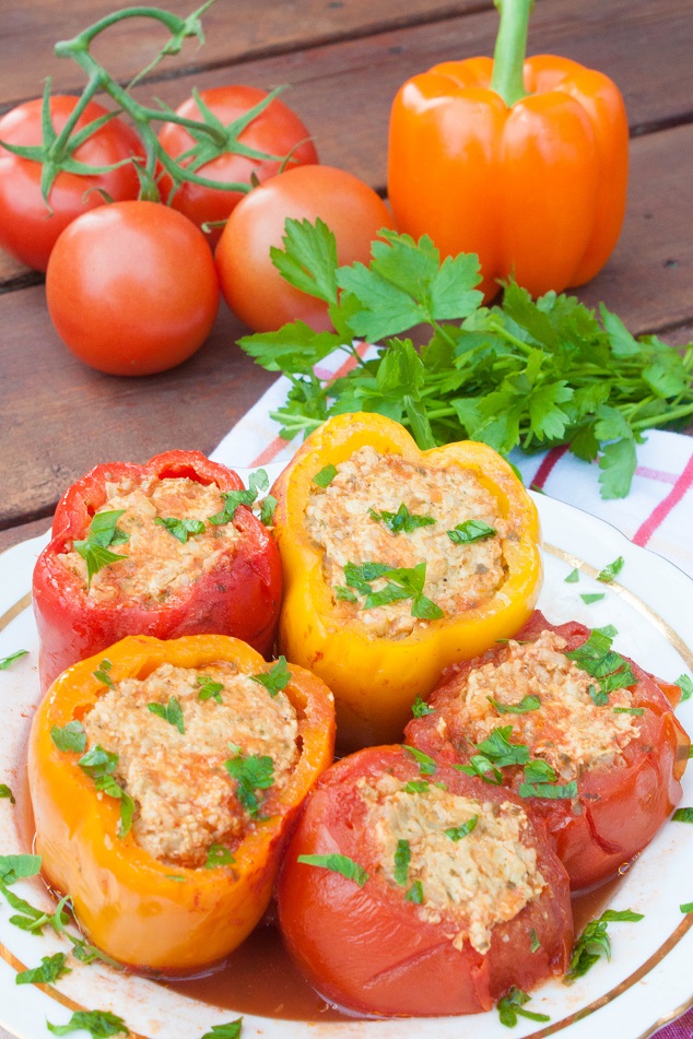 Meat and Rice Stuffed Bell Peppers and Tomatoes - Russian style